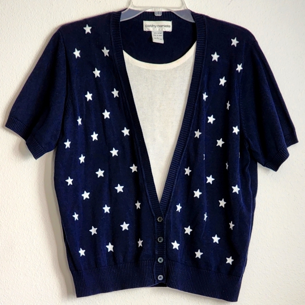 Cathy Daniels Womens One-Pc Pullover Knit Short Sleeve Cardigan Navy Stars Sz L
